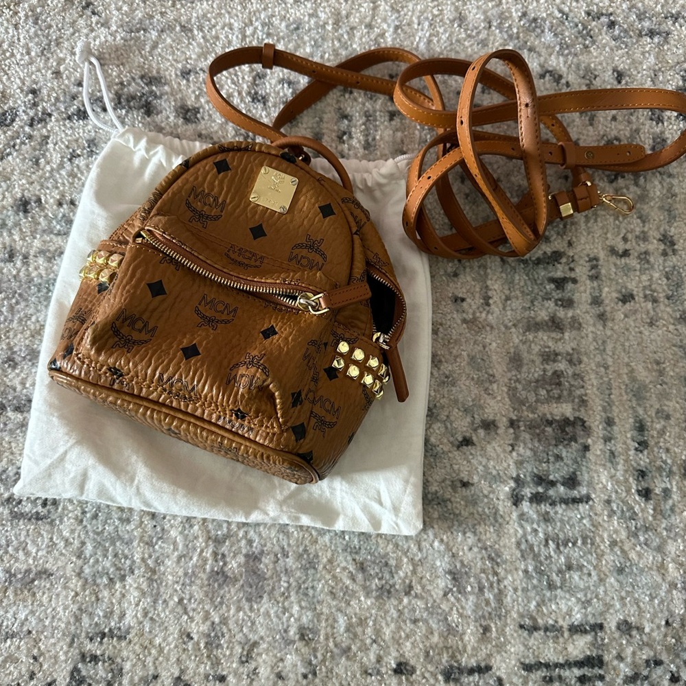 MCM Cognac Leather Backpack with Gold Accents